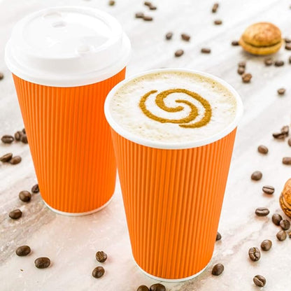 Restaurantware 16 Ounce Ripple Wall Disposable Coffee Cups, 500 Insulated Orange Paper Tumblers, Rolled Rim Design, Lids Sold Separately for Hot Drinks like Tea, Hot Chocolate and More