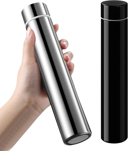 Vesici Slim Water Bottle 8.8 oz Small Stainless Steel Purse Compact Insulated Water Bottles Camping Travel Backpack Pocket Flask for Car Cold Coffee Tea(Silver, Black,2 Pack)