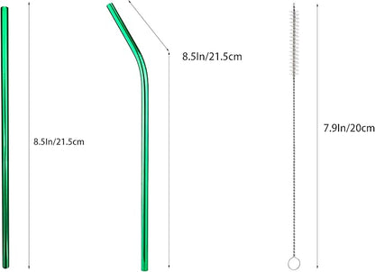 10 Pcs Stainless Steel Straws, Reusable Drinking Straws, 5 Straight + 5 Bent Metal Straws Set With 2 Pcs Cleaning Brushes (Green, 8.5 Inch)