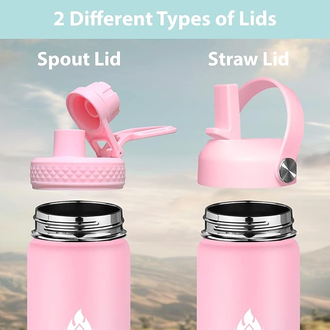SENDESTAR Stainless Steel Water Bottle, Wide Mouth 40 oz Water Bottle with Straw Lid, Spout Lid, Double Wall Vacuum Insulated Leak Proof, Keeps Liquids Hot or Cold (Peach)