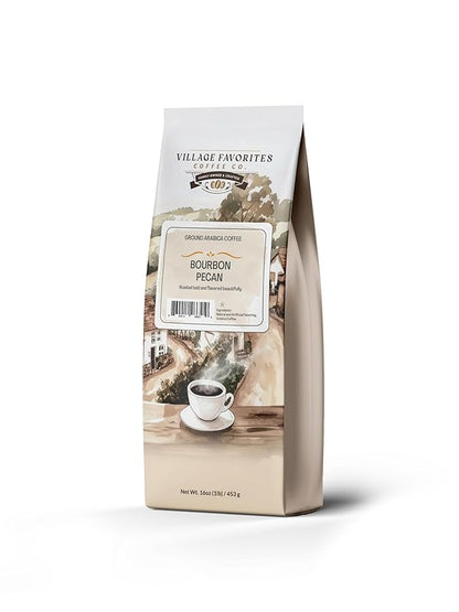 Village Favorites Flavored Coffee – Low Acid, Mold-Free, 100% Arabica, Slow Roasted Medium Roast, Smooth & Stomach Friendly, Ground, 1LB Bag (16oz)- Kosher (16oz, Bourbon Pecan)