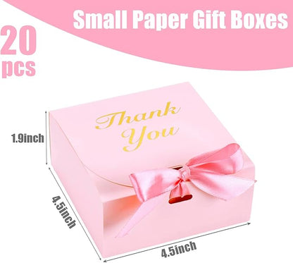 VGOODALL 20PCS Thank You Gift Boxes, 4.5x4.5x1.9Inches Mini Party Favor Boxes Pink Treat Bags with Bow Ribbon for Wedding Bridal Baby Shower Birthday Party