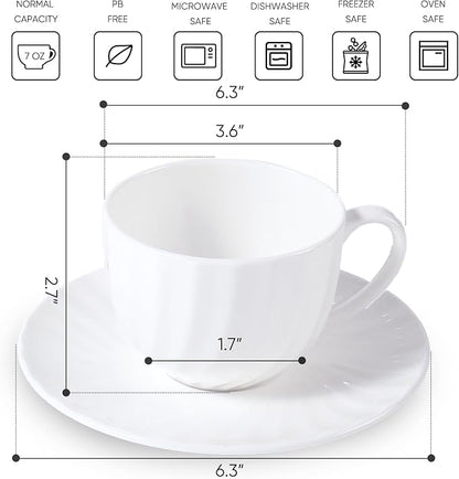 Fine Bone China Cappuccino Mugs Set of 2, 7 Oz Spiral Pattern Lightweight Ceramic, Art Coffee Cups with Saucers, for Latte, Mocha, Tea, Espresso, Macchiato, Americano