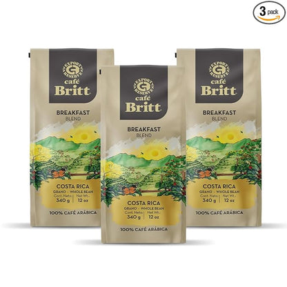 Café Britt® - Costa Rican Breakfast Blend Coffee (12 oz.) (3-Pack) - Whole Bean, Arabica Coffee, Kosher, Gluten Free, 100% Gourmet & Medium Dark Roast