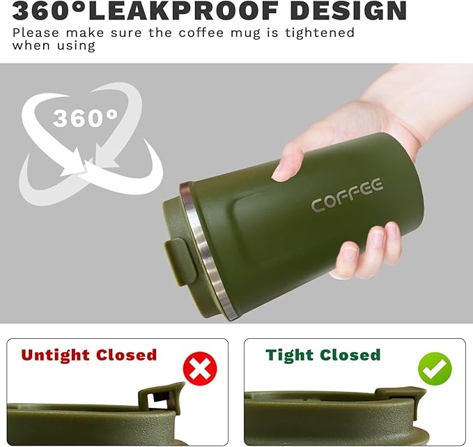 YINBAOGE Insulated Travel Coffee Mug Spill Proof Leak Proof Pobtable To Go Camping Stainless Steel Coffee Tumbler Reusable Coffee Cups with Lids Thermos for Hot and Cold Drink (2nd-Green, 12 OZ)