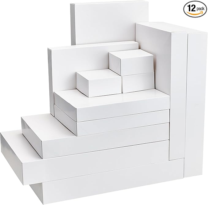 JOYIN 12PCS 17" Christmas Shirt Gift Boxes with Lid for Presents, Extra Large 4" Deep White Paper Box, 4 Assorted Different Size Robe Box for Clothes, Xmas Birthday Holiday Wedding Gift Wrapping Decor