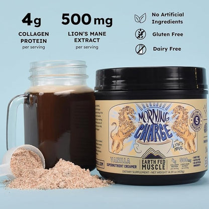 Earth Fed Muscle Morning Charge Protein Coffee Creamer with Collagen & Lion’s Mane – Organic Coffee Creamer with Adaptogenic Mushrooms – Dairy-Free, Soy-Free, Gluten-Free – 24 Serving