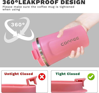 YINBAOGE Insulated Travel Coffee Mug Spill Proof Leak Proof Pobtable To Go Camping Stainless Steel Coffee Tumbler Reusable Coffee Cups with Lids Thermos for Hot and Cold Drink (2nd-Pink, 12 OZ)