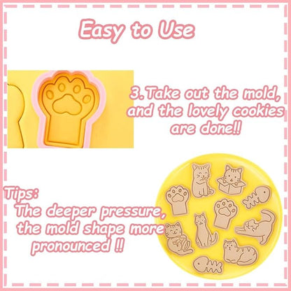 8pcs Cat Cookie Cutters Set, 3D Cute Stamps, Cupcake Pancake Apple Pie Pastry Biscuit Molds, Fruit Sandwich Cutter, Baking Molds for Party Decorations (Cat-1)