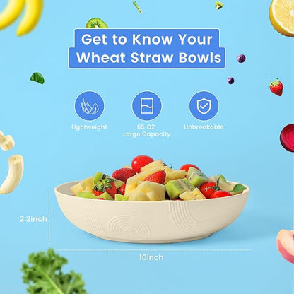 Homienly 65 oz Large Salad Bowls Wheat Straw Big Bowls 10 inch Serving Bowls Wheat Straw Plates Bowls Set of 6 Wide and Shallow Bowls for Kitchen Dishwasher Safe-Beige