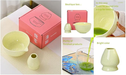 Matcha Tea Set, Glazed Ceramic Bowl and Whisk Holder, Light Yellow, 2-Piece