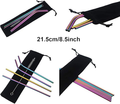 Gugrida Metal Straws Stainless Steel Straws 8.5" Drinking Straws Reusable 4 Set - Ultra Long Muti Color-Cleaning Brush for 20/30 Oz for Trail Tumblers Yeti RTIC SIC Ozark (2 Straight|2 Bent|1 Brush）