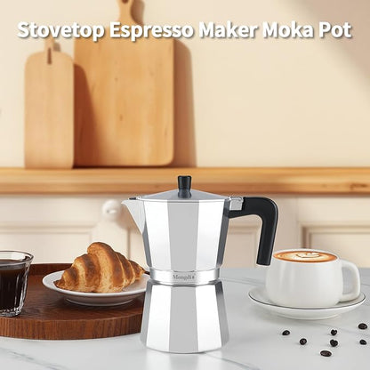 Mongdio Stovetop Espresso Maker Moka Pot, Stove Top Cuban Coffee Maker, Italian Greca Mocha Pot, 6 Espresso Cups, 10 oz - Silver