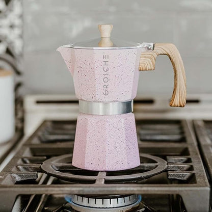 GROSCHE Milano Moka pot, Stovetop Espresso maker, Greca Coffee Maker, Stovetop coffee maker and espresso maker percolator (Pink, 9 cup)