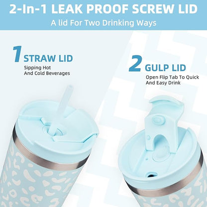 BJPKPK 22oz Tumbler With lid And Straw Stainless Steel Travel Coffee Mug Insulated Tumblers Cups,Light Blue Leopard