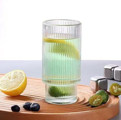 16OZ Ribbed Glass Cups with Lids and Straws,Iced Coffee Cups with Bamboo Lid,Vintage Glassware for Whiskey Cocktail Beer Fruit Juice Glasses Tumbler(4 Pack)