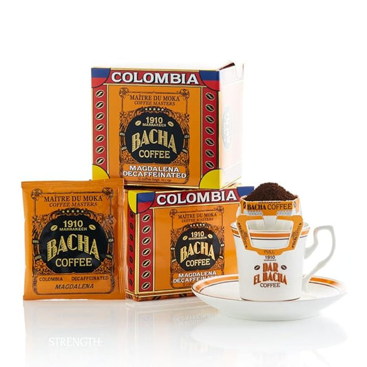 Bacha Coffee | Magdalena Decaf Colombia Single Origin, Medium Dark Roast, 100% Arabica Specialty Coffee, 12 Coffee Drip Bags, Gift Box