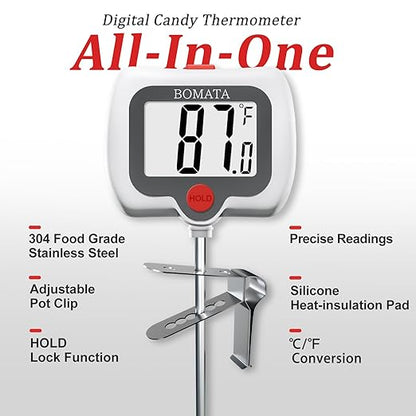 BOMATA Candy Thermometer with Pot Clip, Instant Read Cooking Thermometer with 8" Long Probe, Rotating Display, for Candy Making, Food, Candle Making, Liquids, Water, Baking, Sugar, Grilling. White