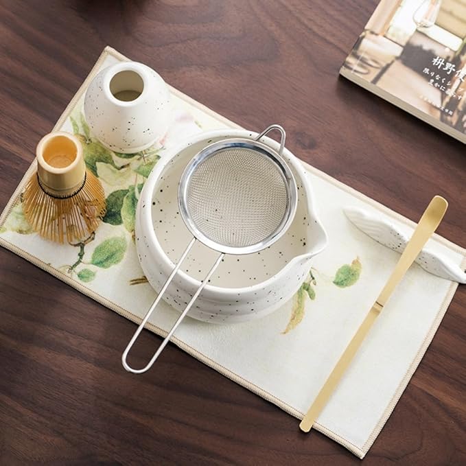 7-piece matcha kit includes matcha bowl. white speckled matcha tea set with bamboo whisk -, sifter, scoop, stainless steel filter, tea caddy, cloth & gift box - for matcha green (7)