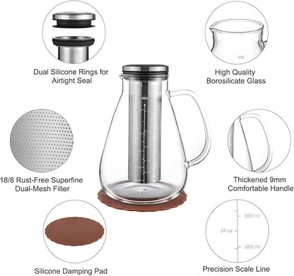 Cold Brew Iced Coffee Maker 34oz, Brewed Coffee Pot with Removable Double Mesh 304 Stainless Steel Filter, BPA-Free Cold Brew Pitcher Glass Container, Tea Maker