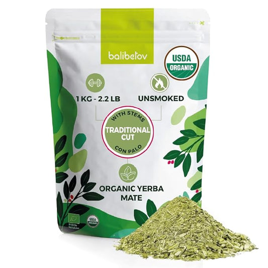 BALIBETOV USDA Organic Yerba Mate Tea Loose Leaf, 2.2. lb. Bag, Natural Traditional Cut, Clean High Energy, Unsmoked Artisanal, Gluten Free, Vegan Friendly, Hot or Cold Drink (2.2 Pounds (Pack of 1), Traditional Cut)