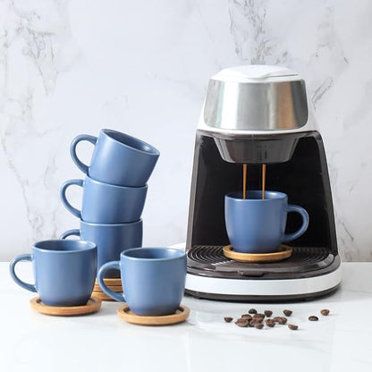 Hasense Espresso Cups and Saucers Set of 6, Demitasse Cups with Handle for Coffee Drinks, Latte, Cappuccino, Cafe Mocha and Tea, 4 Ounce Porcelain Coffee Cups for Coffee Bar Home and Party, Blue