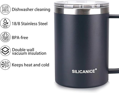 14 oz Stainless Steel Vacuum Insulated Tumbler with handle & MacSlider Lid, Dishwasher Safe & Spill Proof Coffee Cup, Travel Mug for Hot/Cold Drinks, Durable Design - Gray