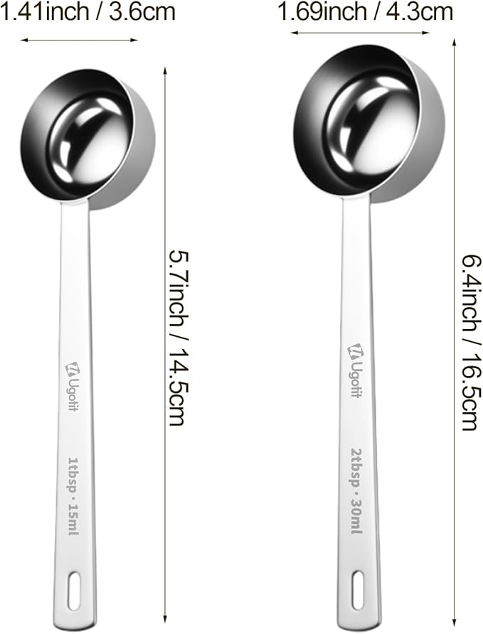 Coffee Scoop 1 Tablespoon, Long Handle Measuring Spoons Set for Coffee, Tea, Flour, Spices - 304 Stainless Steel with Hanging Hole (Pack of 2)