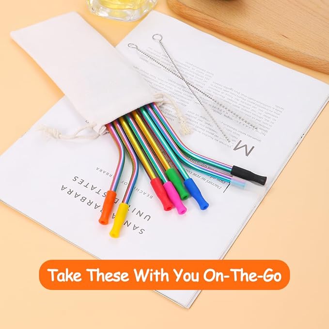 Lazycorner 16 Pcs Short Metal Straw, 6mm 5.5" 6.5" Kids Reusable Straw Silicone Tips Cleaner, Mini Small Stainless Steel Straws Fit 8 10 12 oz Tumbler/Wine Tumblers, Reusable Cocktail Straws(Rainbow)