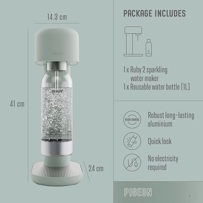 Mysoda Ruby 2 Sparkling Water Maker - Soda Streaming Machine Silent Carbonated Water Machine Robust Long-Lasting Aluminium Soda Maker 1L Water Bottle Without CO2 Cylinder - Sage Green Soda Machine