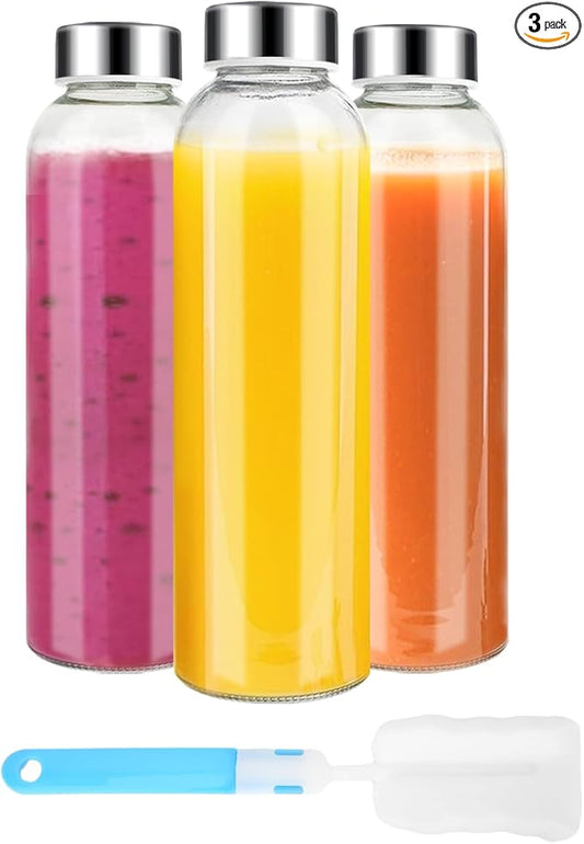Clear Glass Bottles with Lids 18 oz, Reusable Glass Water Bottles with Stainless Steel Cap for Juicing, Refrigerator,100% Leak Proof, BPA Free, Set of 3