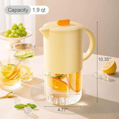 Delove Borosilicate Glass Pitcher with Lid & Auto Spout – Shatterproof Plastic Shell, Wide Mouth Design – 62 oz (1.9 Quart) Jug for Boiling Water, Iced Tea, Juice & Cold Brew Coffee (1, Yellow)