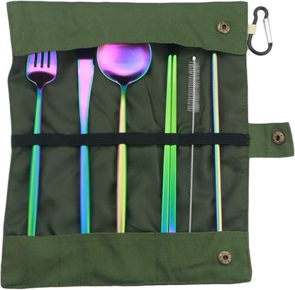 Gugrida Reusable Travel Utensils, 7 Piece Portable 304 Stainless Steel including Knife Fork Spoon Chopsticks Cleaning Brush Straws Portable Pouch, Eco-friendly Camping Silverware Set, Dishwasher Safe