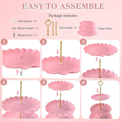 5 Pcs Dessert Table Display Set, Pink Plastic 2 Pcs Round 3 Tier Cupcake Stand Cup Cake Tower Stand with Metal Rod & 3 Pcs Serving Tray for Baby Shower, Tea Party, Wedding, Birthday Party