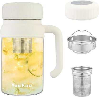 32oz Glass Water Bottle, Tea Bottle with Infuser & Handle, BPA-Free Leakproof Wide Mouth Large Tea Infuser Bottle for Hot or Cold Drinks, Loose Tea, Fruit (White)