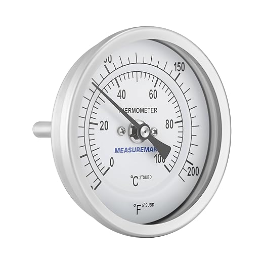MEASUREMAN Hot Water Thermometer, 3" Dial, 2" Lead-Free Brass Stem, 32-212F/0-100C Range, 2% Accuracy, Adjustable, 1/2" NPT Back Mount