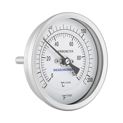 MEASUREMAN Hot Water Thermometer, 3" Dial, 2" Lead-Free Brass Stem, 32-212F/0-100C Range, 2% Accuracy, Adjustable, 1/2" NPT Back Mount