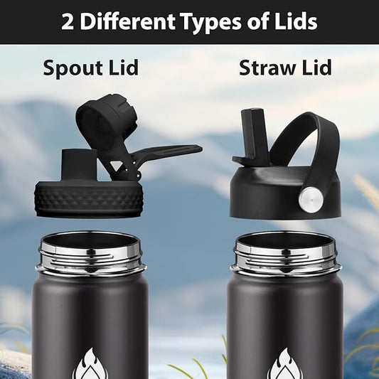 SENDESTAR Stainless Steel Water Bottle, Wide Mouth 32 oz Water Bottle with Straw Lid, Spout Lid, Double Wall Vacuum Insulated Leak Proof, Keeps Liquids Hot or Cold (Black)