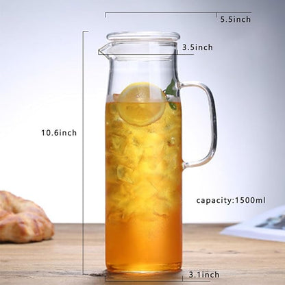 hjn Glass Water Pitcher with Lid Glass Carafe with Handle, Fridge Water Jug for Cold or Hot Beverages,Iced Tea,Milk,Juice 1500ml/51oz & glass lid