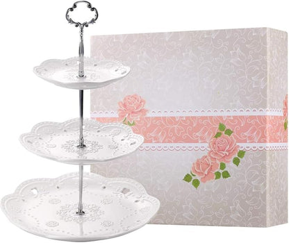 BonNoces 3-Tier Porcelain Cupcake Stand Serving Tray - White Embossed Elegant Dessert Cake Stand - Pastry Serving Stand for Tea Party, Wedding and Birthday