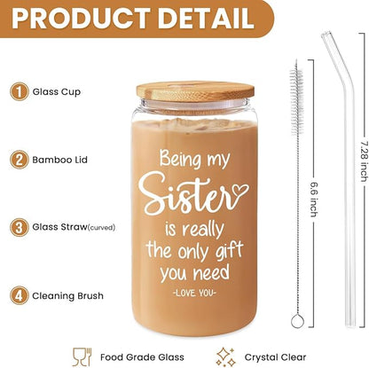 SANDJEST Sister Gift, Funny Sister Coffee Cup, 16 Oz Bamboo Lid & Straw - Gifts for Women, Birthday, Christmas