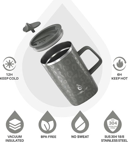 Ideus Vacuum Insulated Coffee Mug, 16oz Reusable Stainless Steel Thermal Double Walled cup with Handle and Slider Lid for Hot & Cold Beverages, BPA Free (Leapord Gray)