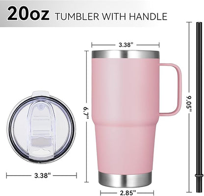 VEGOND 20 oz Tumbler Bulk with Handle Lid and Straw, Stainless Steel Insulated Travel Coffee Mug Set, Spill Proof Double Wall Metal Tumblers Cups, Pink 6 Pack