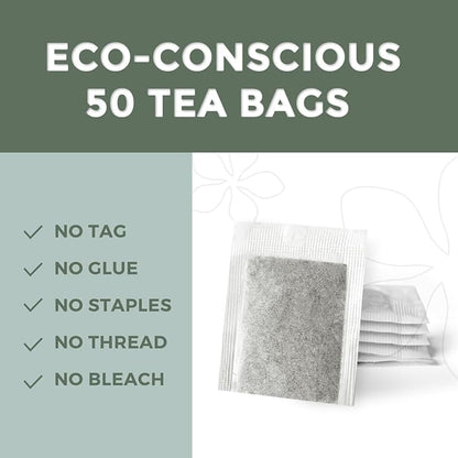 Fescha Organic Decaf Jasmine Green Tea Bags Flower-scented Tea (50-count), Eco-Conscious Tea Bags, Packed by Resealable Kraft Bag