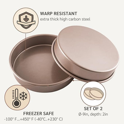 Non Toxic Nonstick 9 inch Round Cake Pans Set of 2 | Quality Non Stick 9 inches Layer Circle Cake Pan 2 inches Deep | Best 9in Baking Pan PFOA, BPA free Nontoxic | 9inch 9inches Cake Pans Set
