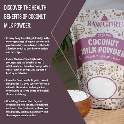 RawGuru Organic Coconut Milk Powder - Vegan & Nutrient-Dense Powder with Iron & Potassium - Rich & Creamy Organic Milk for Drinking or Baking - 16 oz, Pack of 1