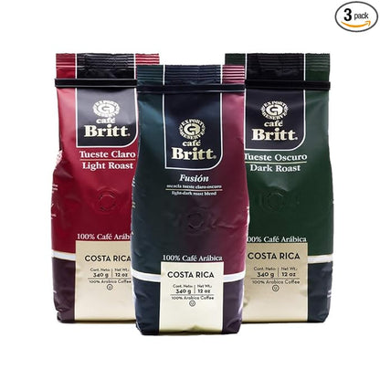 Café Britt® - Costa Rican Blends Mixed Bundle Coffee (12 oz.) (3-Pack) - Whole Bean, Arabica Coffee, Kosher, Gluten Free, 100% Gourmet & Light, Medium Dark & Dark Roast