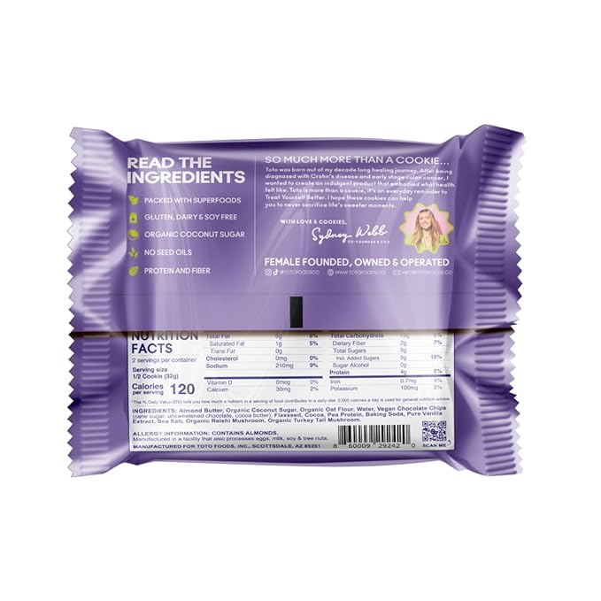 Toto's Double Chocolate Chip Vegan Cookies: Gluten-Free High-Fiber Cookie with Plant-Based Protein, Superfoods, and Adaptogens - 10X Individually Wrapped Cookies