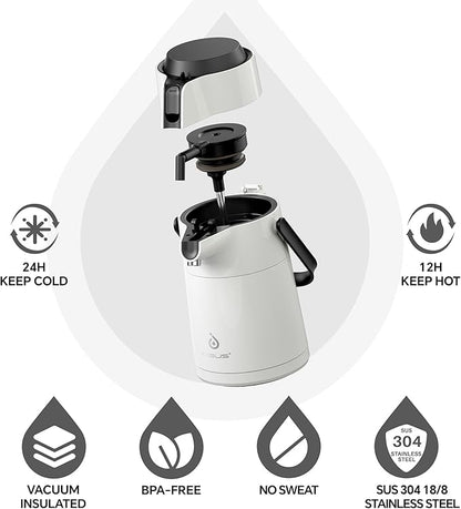 IDEUS Thermal Coffee Carafe 74oz (2,200ml), Stainless Steel Double Wall Insulated Vacuum Flask, Water Jug Coffee Server and Beverage Dispenser, Heat and Cold Retention (White, 74oz (2,200ml))