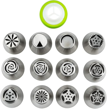 Restaurantware Pastry Tek Russian Piping Tips Set 23 Piece Durable Cake Decorating Kit - 12 Piping Tips 10 Piping Bags Stainless Steel Piping Bags And Tips Set 1 Tri-Color Coupler